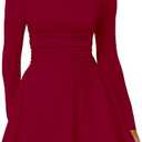 Kaximil Women's Crew Neck Long Sleeve Corset Mini Dress Ruffle Hem Short Party Club Dresses (Red XL)