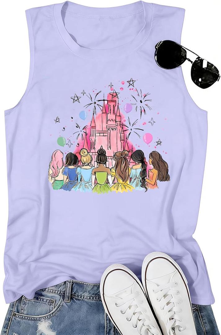 Magic Princess Tank Tops for Women: Magical Shirt Fairy Castle Graphic Tank Family Vacation Vest Summer Sleeveless Tops, Medium