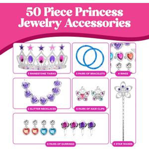 50 PCS Princess Jewelry Dress Up Accessories, Pretend Play Set Jewelry Party Favors for Girls Cosplay Party Favors with Crown Wand Ring Earring Necklace