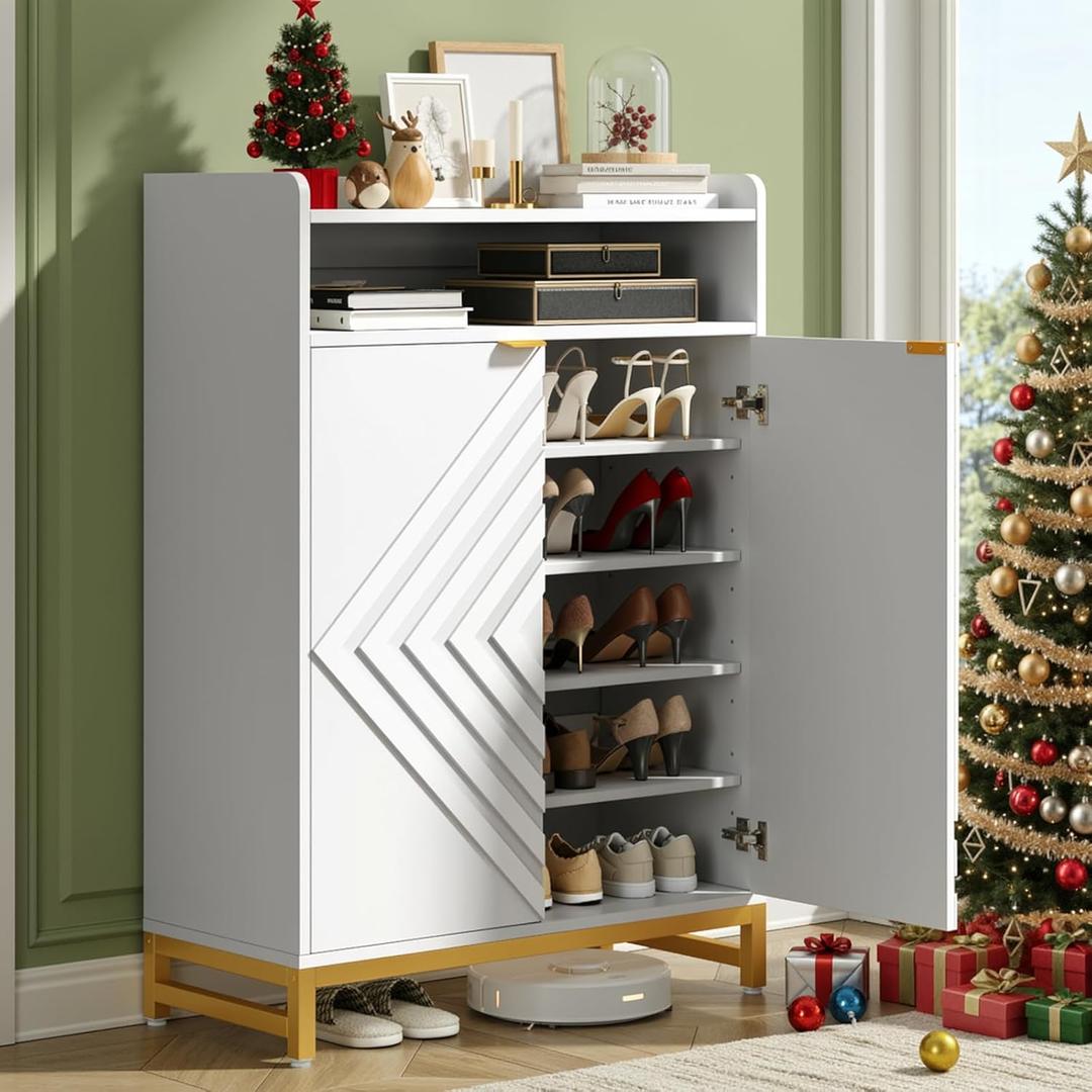 ONBRILL Shoes Cabinet for Entryway,6-Tier Shoe Storage Cabinet with Hombus Line Doors and Adjustable Shelves, Wooden Shoes Rack Modern Shoe Storage Organizer for Hallway, Living Room, White & Gold