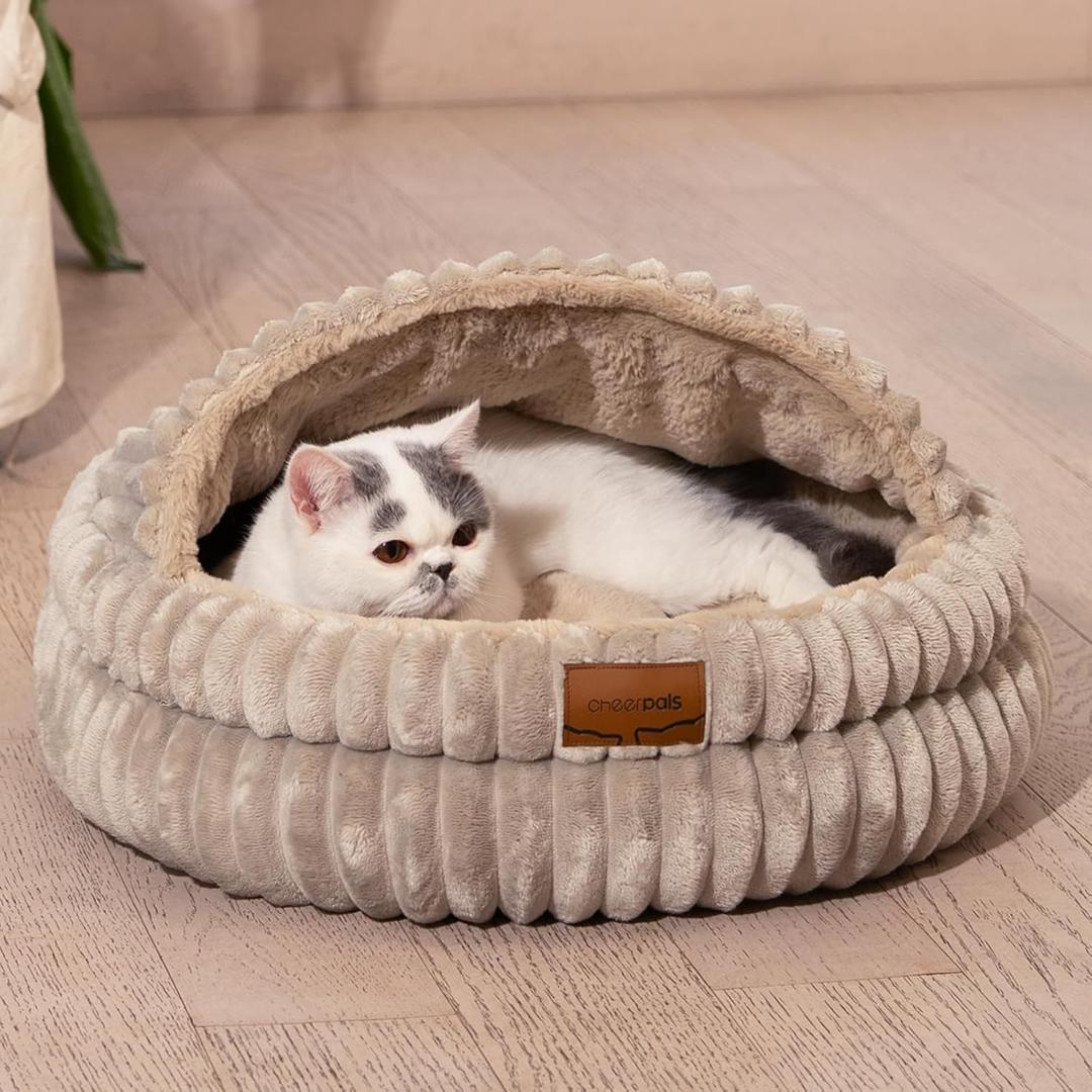 CHEERPALS Cat Cave Bed for Indoor Cats, Washable Covered Cat Bed Hooded Kitty Bed Soft Fluffy Pet Bed for Puppy and Small Dog, Khaki