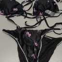 Women's Two Piece Bikini Swimsuit Set Floral Padded Top Tie Side Triangle Thong Bathing Suit Black Small