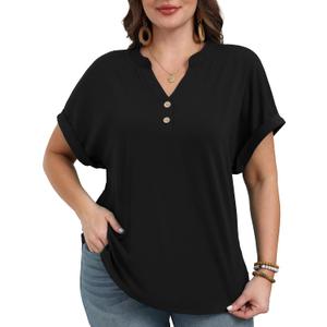 OLRIK Women Plus Size Summer Tops Trendy Button Down V Neck Loose Fit Shirts Short Sleeve Blouses Business Casual Loose Tunics Black-3X