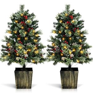 Lunmon 2 Pack 4FT Small Mini Pre-Lit Christmas Trees Potted Artificial with 160 Lush Branch Tips 100 LED Warm Lights, Pine Cones and Berries for Holiday Xmas Gift Home Decor, 8-Mode Timer Battery Box