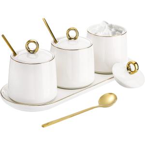 Foraineam Porcelain Sugar Bowl with Lid and Spoon Set of 3, Condiment Jar Coffee Bar Accessories, 8 oz Salt Server Spice Container Seasoning Box with Tray