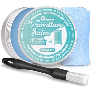 Furniture Salve for Leather - 4oz Professional Furniture Restorer, Polisher & Moisturizer for Couches, Chairs, Tables - Conditioner for Leather, Vinyl & Wood Surfaces - with Brush & Towel (BLUE)