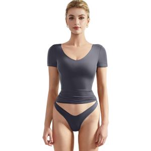 SUUKSESS Women Double Lined Fitted Basic Tee Sexy V Neck Short Sleeve Y2K Crop Top (Medium, Ash)