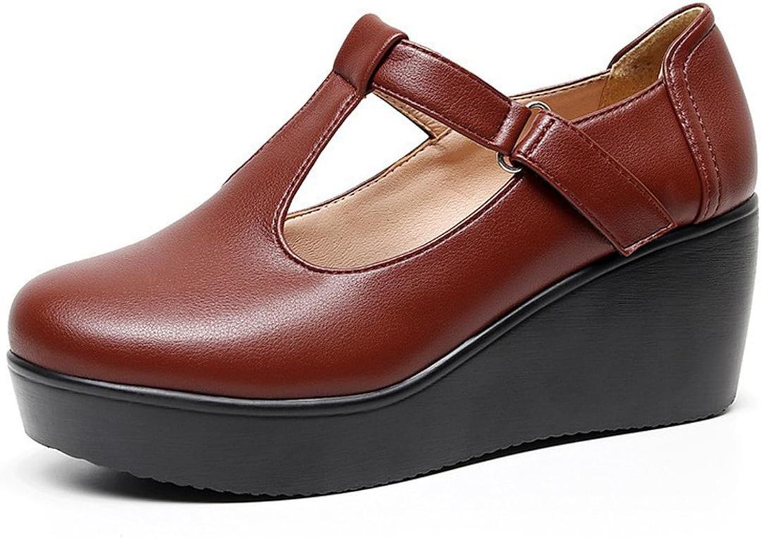 Women's Leather T-Strap Platform Wedge Mary Jane Shoes Comfort Round Toe Ankle Strap Non-Slip Casual Soft Cute School Dress Shoes for Work Outdoor Office (8, Brown)