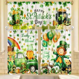 Breling 3 Pcs St Patricks Day Kitchen Curtains Valances and Tiers Set for Windows Green Shamrock Gnomes Irish Clover Decor Short Curtain Set for Bedroom Window Treatment Decor Party Favor Supplies