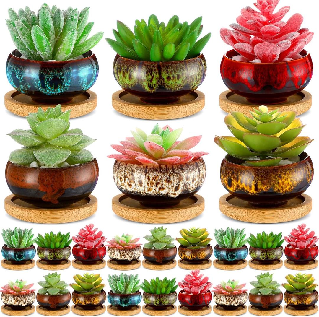 24 Pcs Ceramic Succulent Pots 2.5 Inch Small Plant Pots Indoor with Drainage and Bamboo Saucers Colorful Succulent Flower Planters for Garden Plants Home Decor