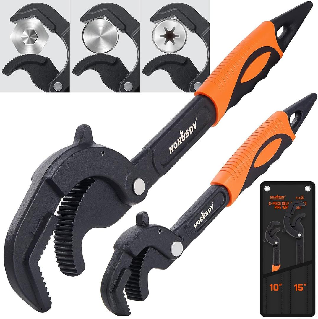 HORUSDY Heavy Duty Pipe Wrench Set, 10 and 15 Self-Adjusting Pipe Wrenches for Plumbing and HVAC, 2-Piece Pipe Vise Tool Kit for Standard and Irregular Nuts, Pipes, Fixtures  Pipe Wrench Set
