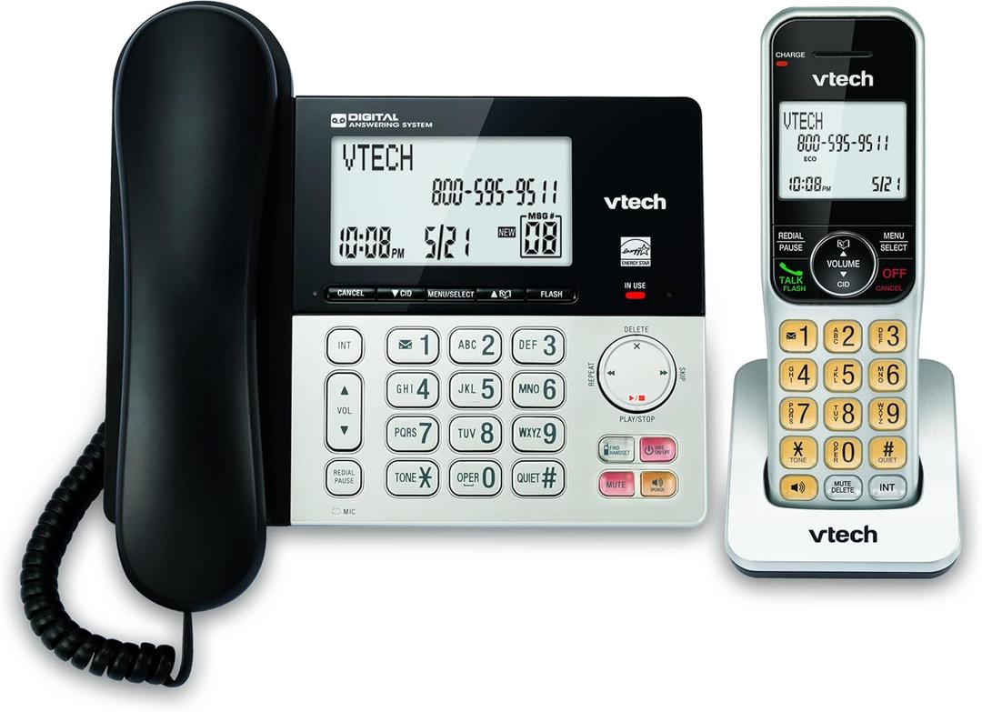 VTech VG208 DECT 6.0 Corded/Cordless Phone with Answering Machine, Call Blocking, Caller ID, Large Backlit Display, Full-Duplex Speakerphone - Silver/Black