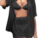 Milumia Women's 2 Piece Cover Ups Set Short Sleeve Open Front Hollow Out Swimsuit Coverup with Shorts (Medium, Black)