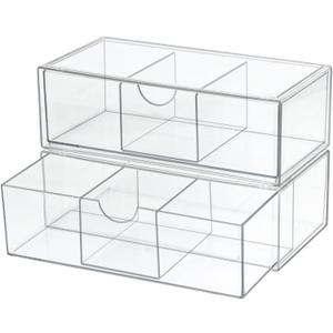 Set of 2 Stackable Storage Drawers - 7.8" Clear Plastic Drawer Storage, Acrylic Makeup Organizer, Desk Counter Cabinet Office Organizer, Bathroom Organizers and Storage (3 Grid/Set of 2)