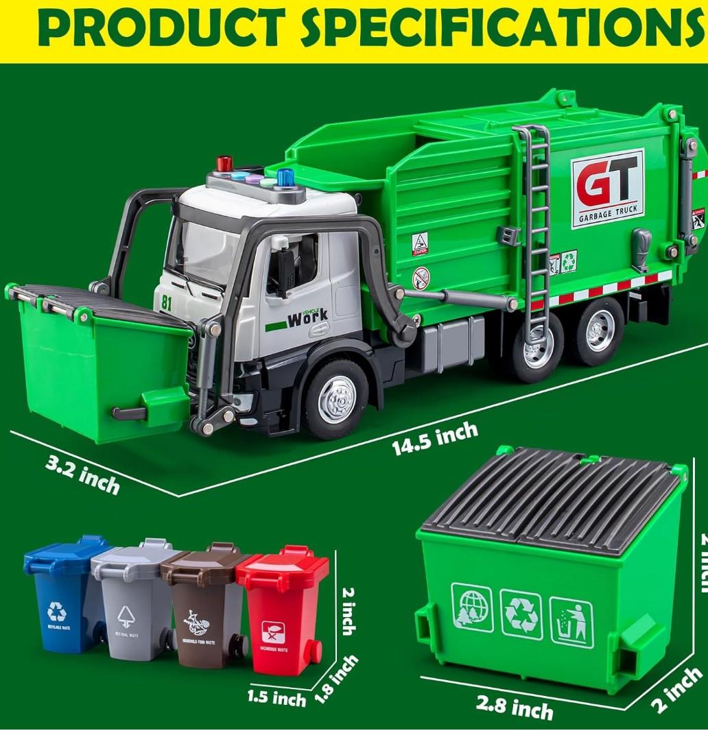 Garbage Truck Toys for Boys, 12" Big Trash Truck with Lights and Sounds, Friction Powered Waste Management Recycling Toy Set with 4 Trash Cans and Sorting Cards, Gift for Kids