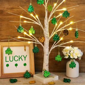 Bunny Chorus St. Patrick's Day Decorations: 23.2" Lighted Birch Tree with 36pcs Shamrock Ornaments & Gold Coins for Home, Table, Tree, Shop, Office, Fireplace