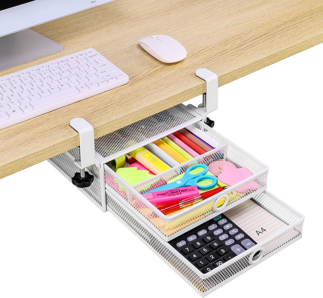 ROSLINE Under Desk Drawer Organizer, Clamp On 2 Tier Slide Out Mesh Storage Drawer, Metal Under Desk Storage for Home and Office (White - 2 Tier)
