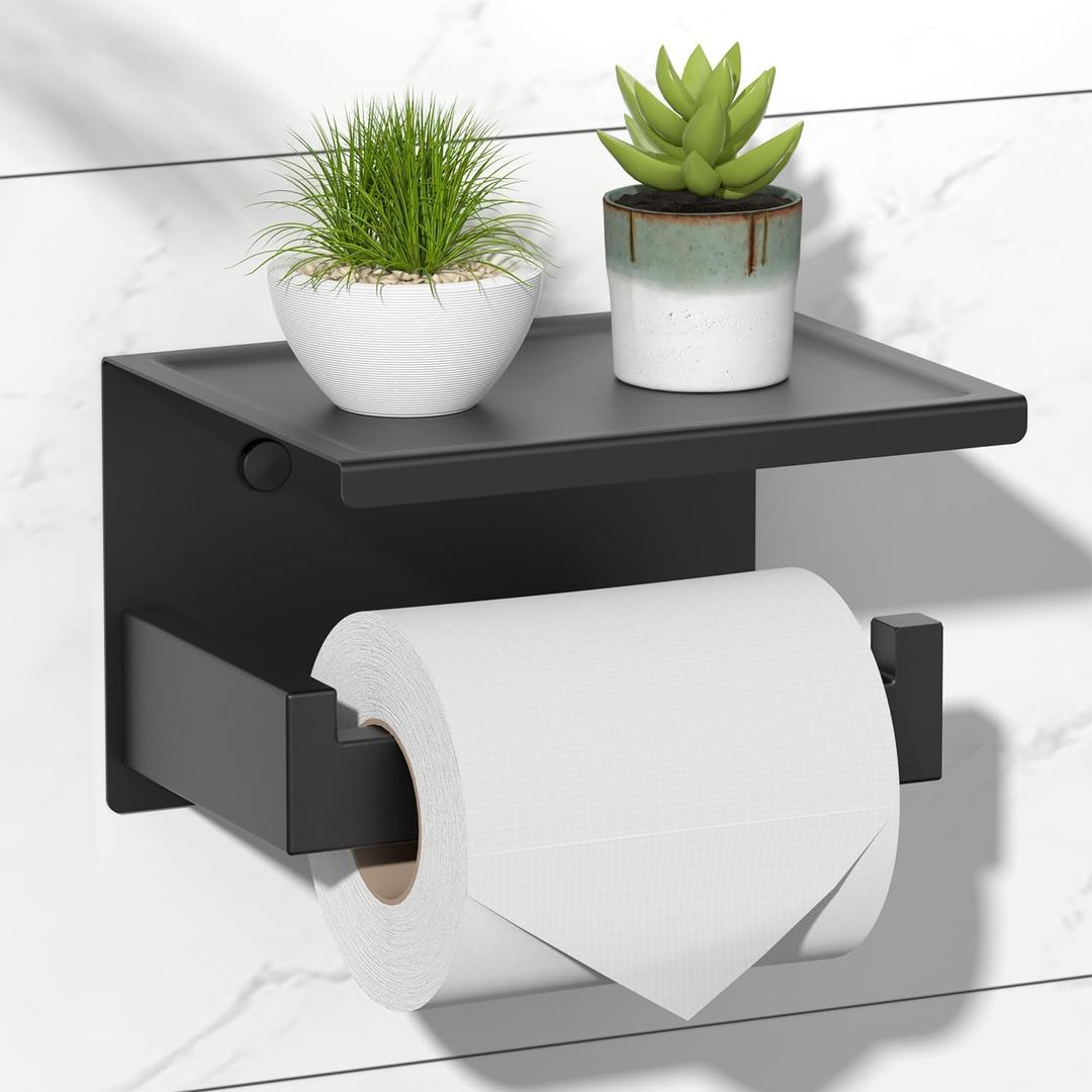 HITSLAM Toilet Paper Holder with Shelf, Stick on Matte Black Toilet Paper Roll Holder, Self Adhesive or Wall-Mount with Screws for Bathroom,Washroom (Medium)