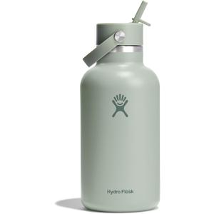 Hydro Flask Water Bottle - Insulated Stainless Steel - Wide Mouth Flex Straw Lid, Non Spill, Leakproof and Refillable in 64 Oz Tonal Agave