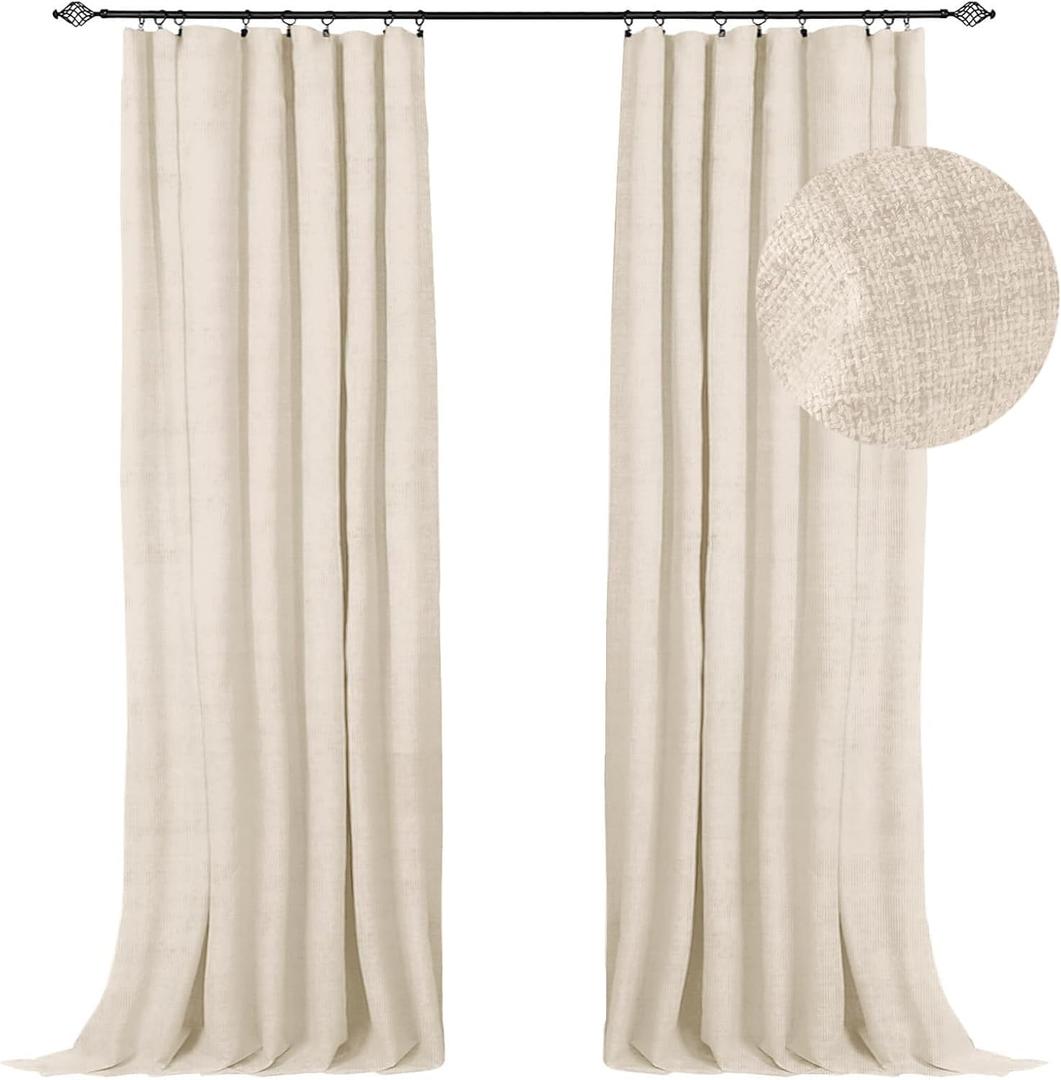100% Blackout Shield Full Blackout Curtains for Bedroom 72 inch Length 2 Panels Set, Clip Rings/Rod Pocket Faux Linen Black Out Curtains for Living Room, Thermal Insulated, 50Wx72L, Butter Cream