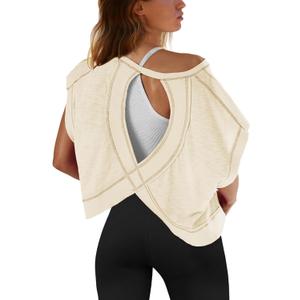 SENSERISE Womens Open Back Workout Tops Backless Short Sleeve Athletic Shirt Running Crop Top Gym Yoga Tee (Large, Beige)