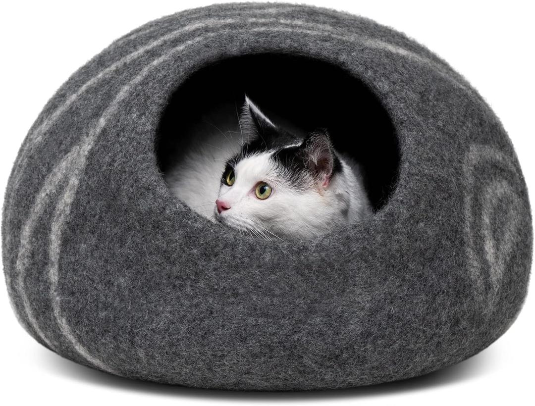 MEOWFIA Cat Cave Premium Felt Cat Bed for Indoor Cats, Handmade Merino Wool (Dark Grey, Large)