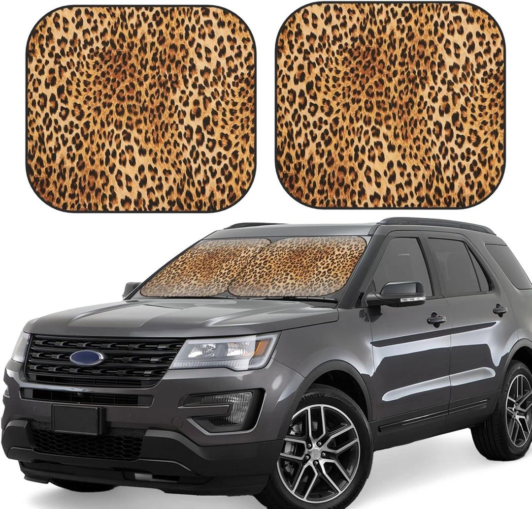 Leopard Print Windshield Sun Shade Foldable 2pcs Cheetah Car Front Window Sunshade Blocks UV Rays Portable Sun Visor Sun Shield Car Interior Accessiores Universal (one size)
