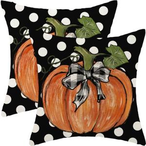 Fall Pillow Covers 18x18 Set of 2 Autumn Black Polka Dot Orange Pumpkin Throw Pillow Covers Outdoor Decor Thanksgiving Decorations Pumpkin Farmhouse Decorative Cushion Covers for Home Couch
