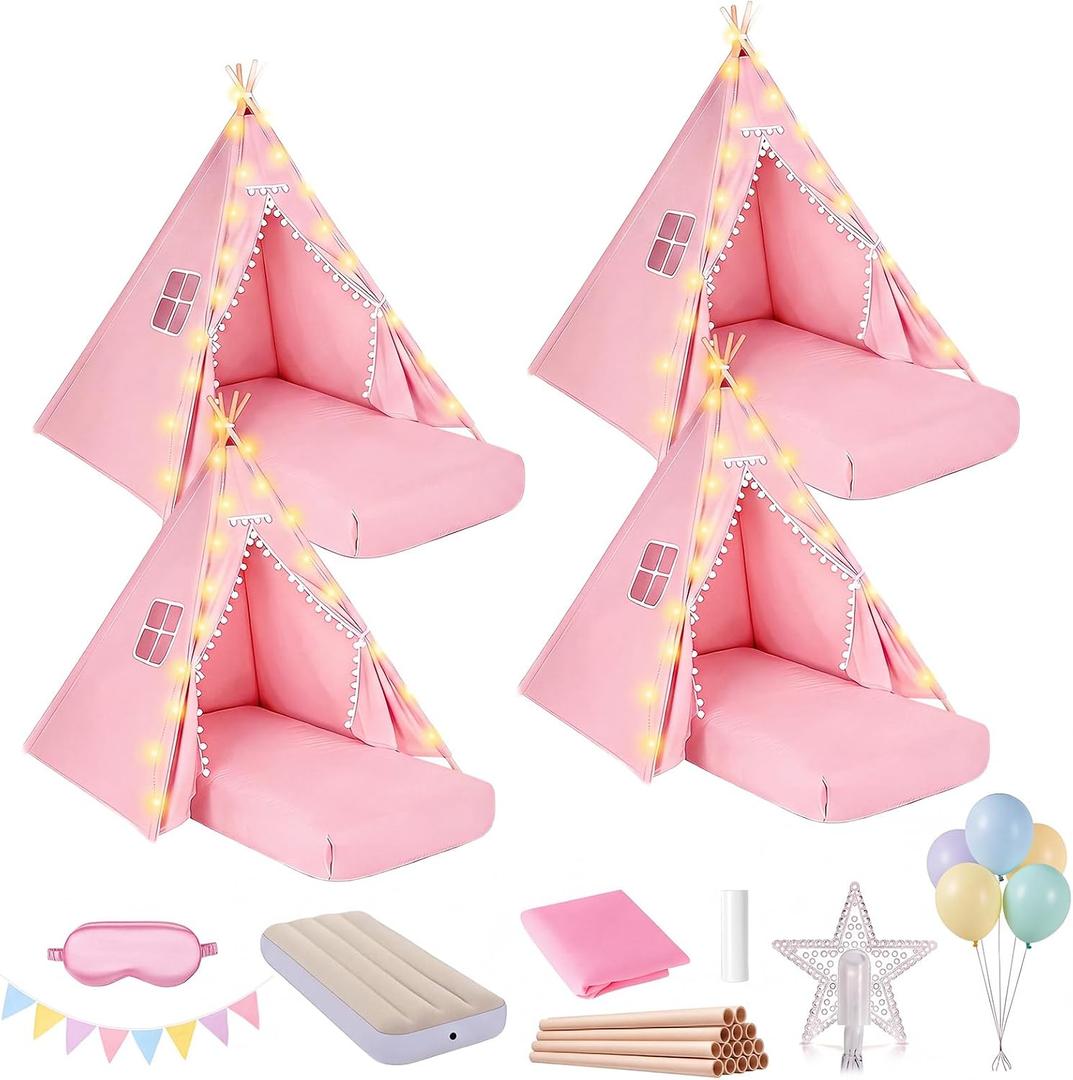 4 Pack Teepee Tent Set with Air Mattress, Sleeping Bag, Star Lights, Pink, 1.6m