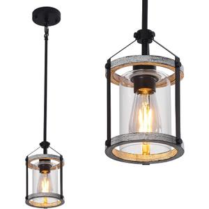 Farmhouse Glass Pendant Light Fixtures,Wood Pendant Light,Adjustable Rustic Farmhouse Pendant Light for Foyer, Sink, Kitchen Island, Porch (1 Light)