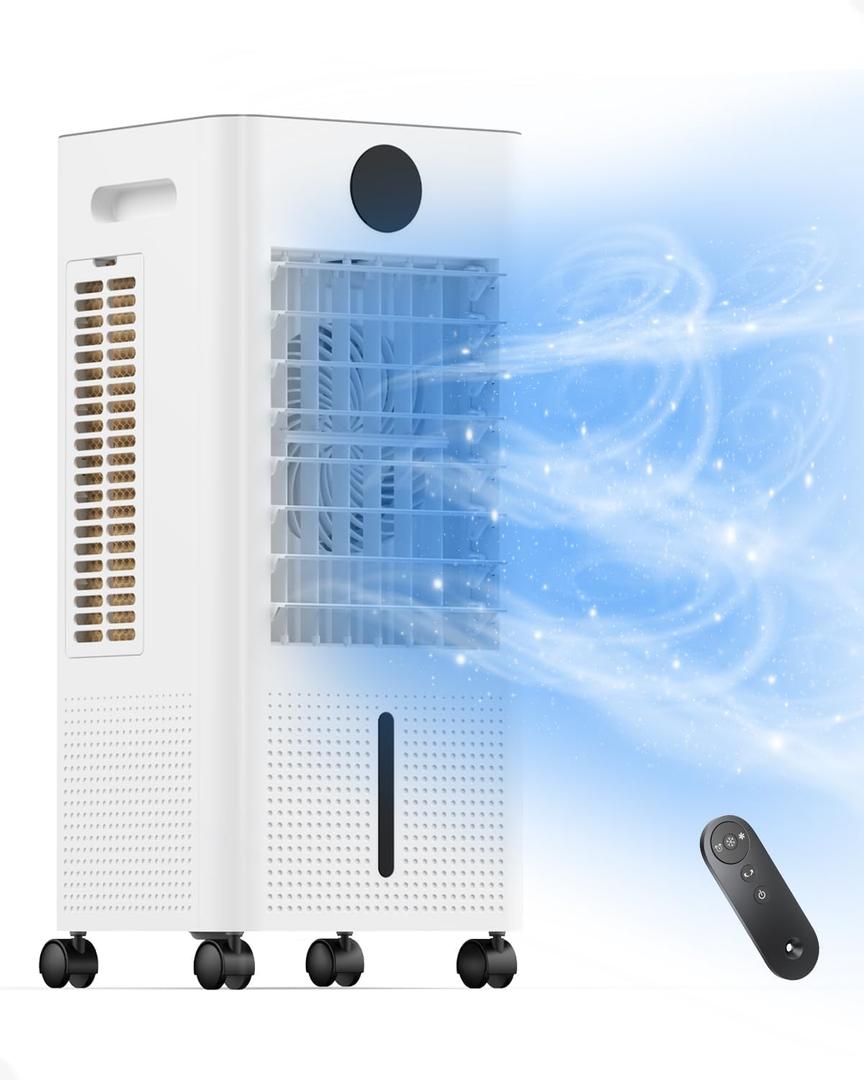 Evaporative Air Swamp Cooler, 22-inch Oscillating Fans that Blow Cold Air, Portable Air Conditioner with Ice Packs, Remote, AC Unit for Indoor, White