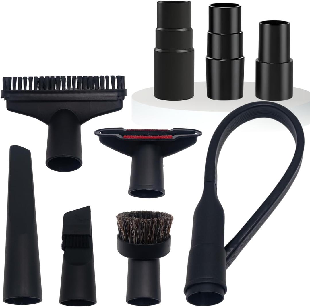 Household Vacuum Cleaner Attachments & Adapter Kit Compatible Small Shop Vacs Hose 1-1/4'' - Horsehair Dust Brush, Flexible Crevice Tool for Cleaning Dryer & Vent, Car Seat Corner