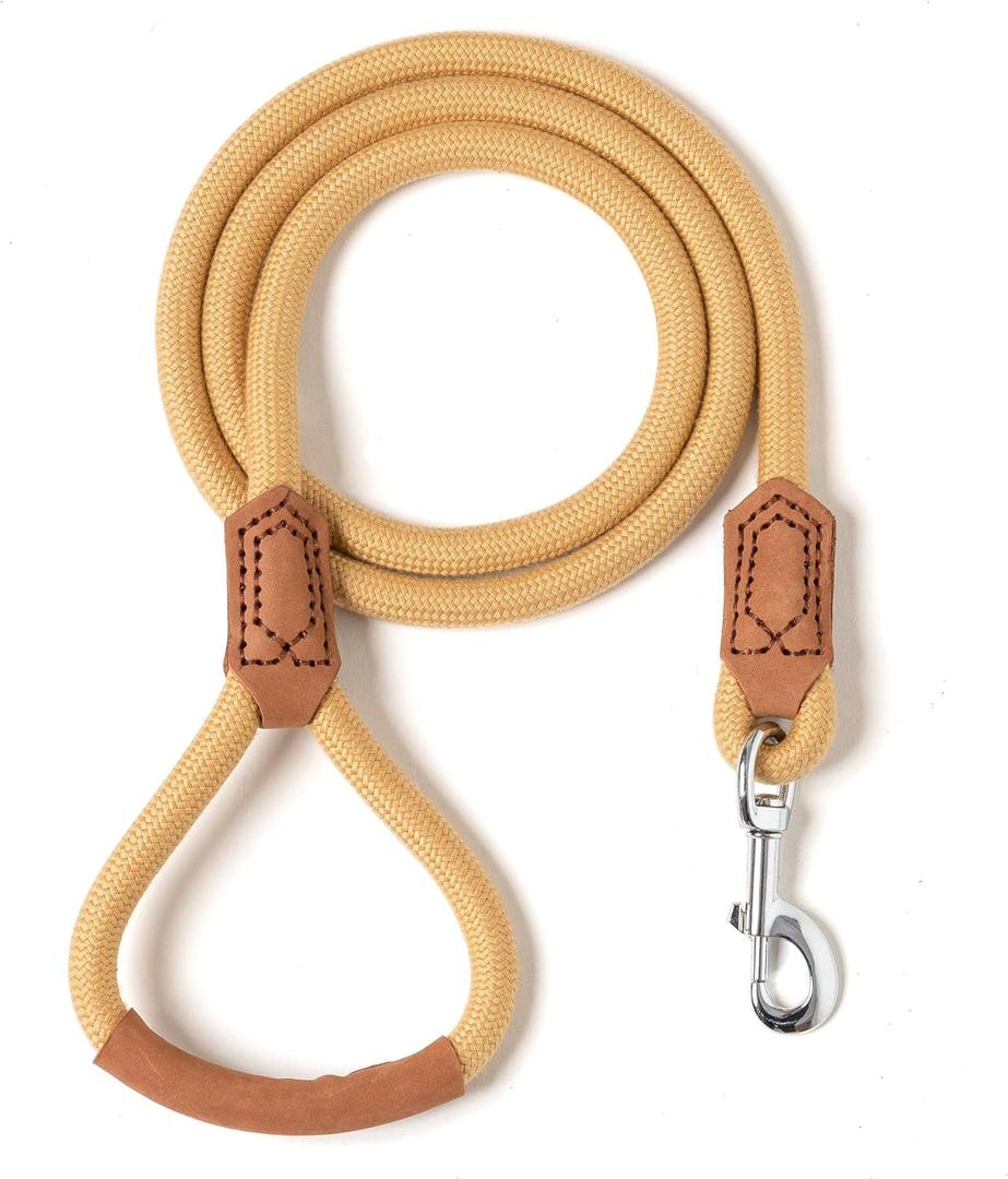 Mile High Life | Premium Leather Handle Dog Leash | Strong Rope Leash | Zinc Alloy Strong Clasp | Small Medium Large Dogs | 4/5/6 Feet(Yellow, 48 Inch (Pack of 1))