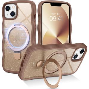 BENTOBEN Magnetic for iPhone 13 Case & iPhone 14 Case with Invisible Kickstand Ring [Compatible with Magsafe] Clear Glitter Curly Wave Bumper Non-Slip Shockproof Women Men Phone Cover, Desert Titanium