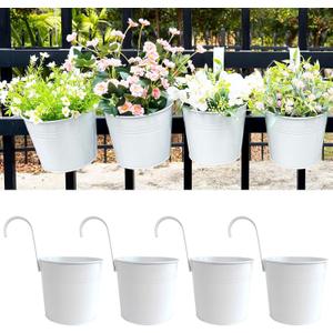 Pack of 4 Hanging Flower Pots, 6" White Metal Balcony Planters for Herb Succulent, Samll Railing Fence Hanging Bucket for Outdoor/Indoor Decoration (White, Pack of 4)
