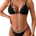 TASHEHE Women's Thong Bikini Set Double Layer Bikini Sexy Triangle Halter Two Piece Swimsuit Y2k Bathing Suit (Large, 507 - Black / Leopard)