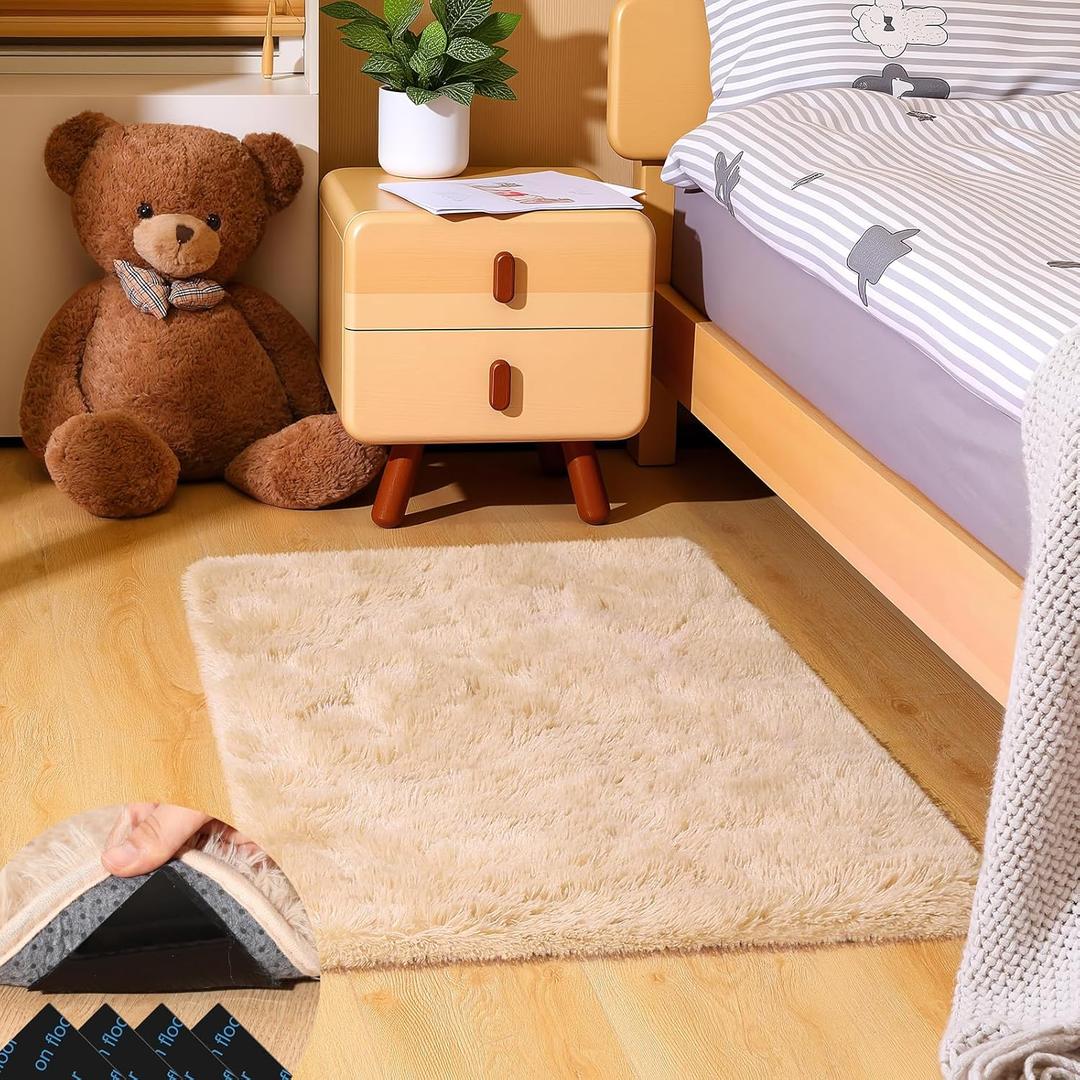 2x3 Light Tan Rugs for Bedroom Living Room, Fluffy Small Area Rug Soft Shag Carpet for Kids Boys and Girls Room with 4 Rugs Non-Slip Stickers Dorm Home Decor (2ft x 3ft)