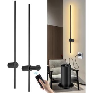 Battery Operated Wall Sconces Set of Two, USB Rechargeable Wall Lights with Remote Control, Dimmable LED Wall Lamp Indoor, 360 Rotation Wireless Lights for Living Room Bedroom Hallway, Black, 40 inch