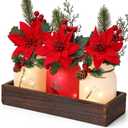Tioncy Christmas Mason Jars Centerpiece Set Lighted Table Decoration Wood Tray with Hollow Jars LED Light Artificial Flowers Rustic Farmhouse Coffee Table Decoration for Living Room Home Xmas Party