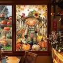HOMETITUTE Fall Scarecrow Window Film 24x36 Inch PVC Thanksgiving Window Sticker with Pumpkins Leaves Sunflowers and Fence Scene Static Autumn Window Decal for Glass Door or Entry Decoration