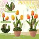 Spring Artificial Tulip Potted Plants Set of 2, 10.2 Inch Vintage Faux Yellow Tulips in Rustic Pot, Spring Table Centerpiece Arrangement for Desk Shelf Kitchen Dining Room Home Decor