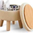 Wimarsbon Storage Ottoman, Modern Round Footrest with Soft Padded Seat, Teddy Velvet Footstool with Wood Legs, Accent Small Table or Plant Stand for Hallway, Living Room (Off-White), 13"D x 13"W x 10.6"H