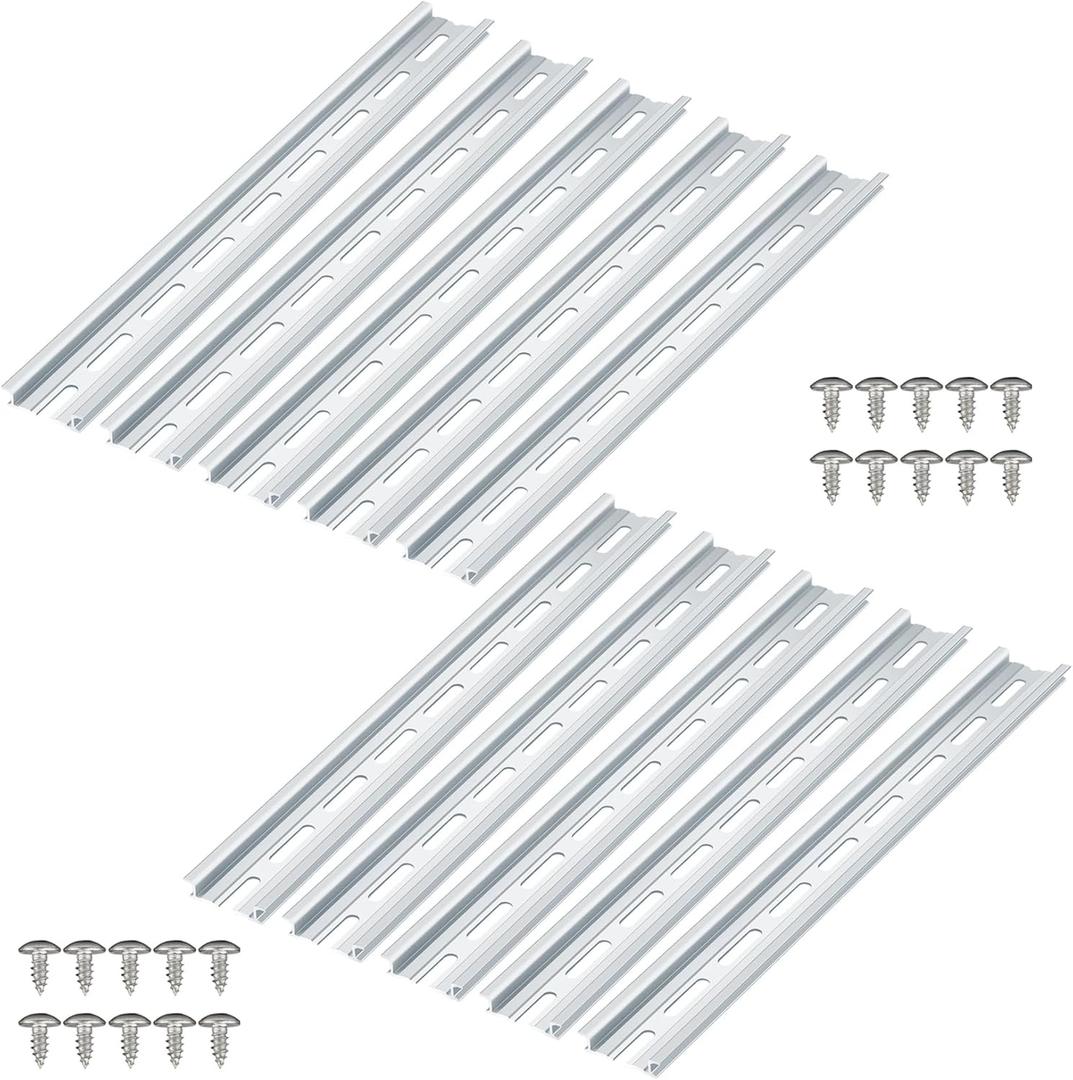 10 Piece Aluminum DIN Rails, 12 Inches Long, 35mm Wide, 7.5mm High, Top Hat Slotted DIN Rail with RoHS, Extra Premium Screws Included for Hardware Components Mounting