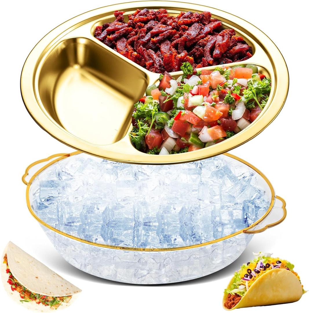 Baderke 1 Set 10" Taco Tuesday Divided Serving Platter Taco Bar Serving Set for a Party, Chip and Dip Tray Sets for Party, Appetizer Tray for Salsa, Snacks(Gold)