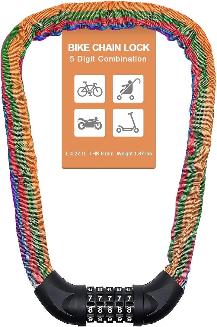 NDakter Bike Lock, 5 Digit Combination Heavy Duty Anti Theft Bicycle Chain Lock, 2.62/3.2/4.27/5/6Ft Long, High Security Resettable, Suitable for Bike, Scooter, Door, Gate, Fence-4/6mm Thick (Multicolor)