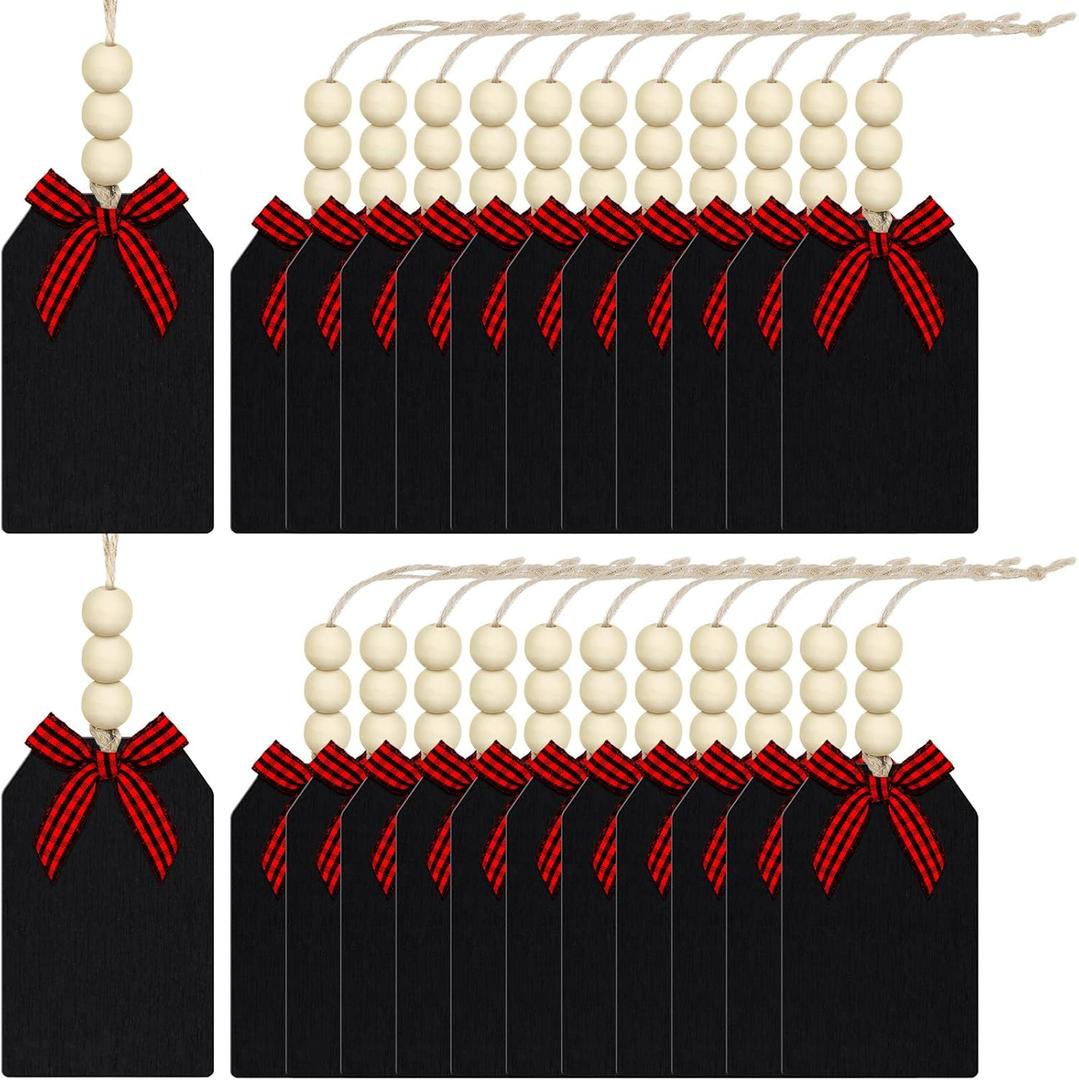 Queekay 24 Pieces Christmas Wood Stocking Name Tags Buffalo Plaid Row Stocking Tags with Rope and Wooden Beads Mini Hanging Chalkboard for Xmas Home(3 x 2 Inch,Black Card Red Black Plaid Bow)