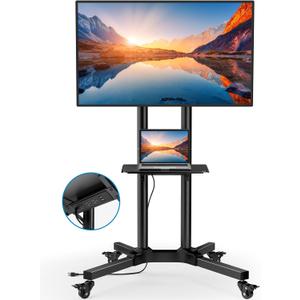 HUANUO Rolling TV Stand with Power Outlet, Mobile TV Cart for 32-85 Inch Flat/Curved TVs, Tilt & Height-Adjustable TV Cart on Wheels Holds 132 lbs, Max VESA 600x400mm HNTVMC01
