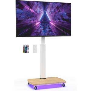 AOKCOS Rolling TV Stand with LED Lights for 32-65 Inch TV, 8-Height Adjustable Mobile TV Stand with 12 Tilt, Wooden Base Floor TV Mounts, Max Load 88lbs, VESA 100x100mm to 400x400mm, White