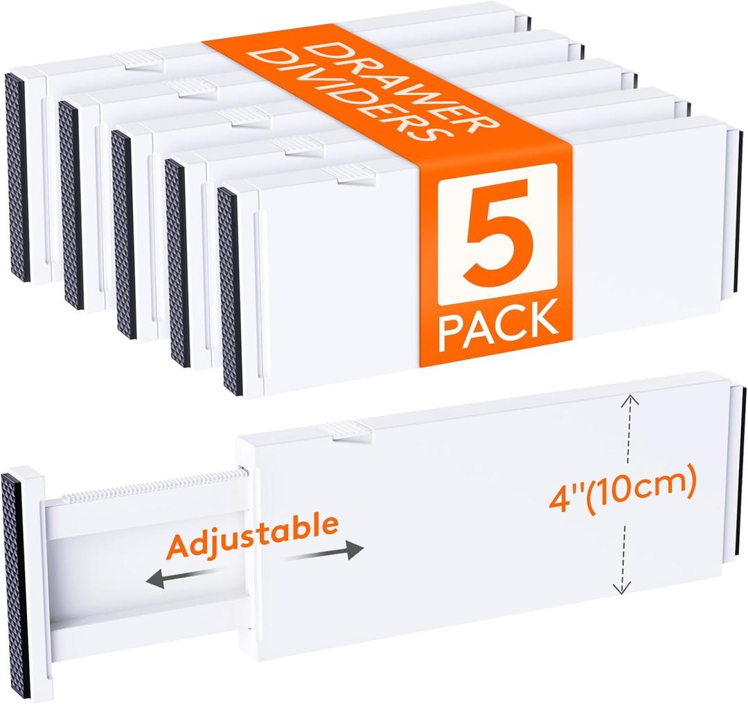 Lifewit 5 Pack Drawer Dividers 4" High, 11-17" Adjustable Dresser Drawer Organizers for Clothes, Expandable Dresser Separators in Bedroom/Bathroom/Kitchen/Vanity/Office Organization and Storage, White (4"High, 11-17"Long)