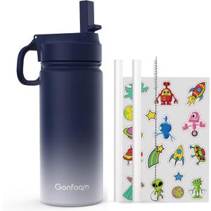 Kids Water Bottle, 16oz Kids Water Bottle with Stickers for School, insulated Stainless Steel Straw Cup(Blue/Gray)